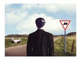 un tableau représentant un homme debout devant un panneau de signalisation