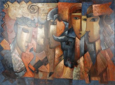 peinture abstraite représentant un taureau et une femme à cornes sur fond bleu