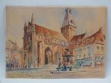 un tableau représentant un bâtiment surmonté d'une tour horloge
