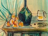 a painting of a table with fruit and a vase on it
