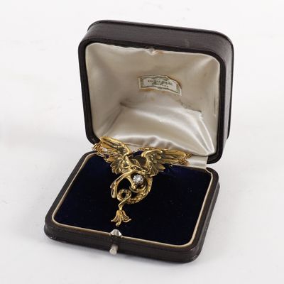 a gold dragon brooch in a black box
