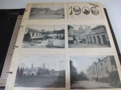 plusieurs vieilles photos en noir et blanc représentant un bâtiment et une horloge