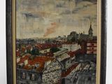 une peinture à l'huile représentant une vue de ville avec des bâtiments et une tour horloge