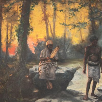 un tableau représentant deux hommes assis sur un rocher dans les bois