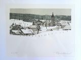 dessin représentant un village sous la neige, avec une église en arrière-plan