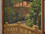 an image of a painting of a bridge with trees in the background