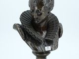 bronze bust of a woman holding a fan on a pedestal