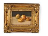 tableau représentant une nature morte composée de pommes et d'oranges posées sur une table