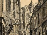 dessin représentant une rue avec des bâtiments et une église en arrière-plan