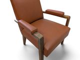 fauteuil en cuir marron avec des pieds et des accoudoirs en bois, sur fond blanc