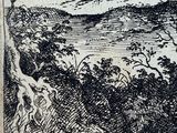 an old black and white drawing of a man standing on a hill