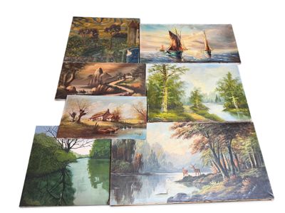 many paintings of different landscapes on the wall