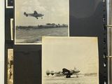 an old photo of a plane flying over a body of water
