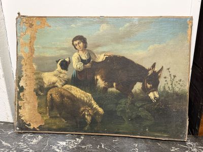 un tableau représentant une femme avec un âne et des moutons