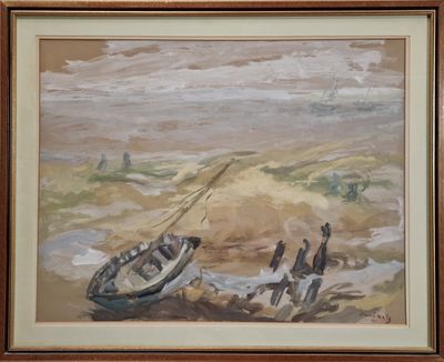 a picture of a painting of a boat on the beach