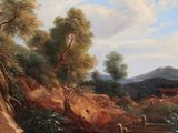 a painting of a landscape with a river and a mountain in the background