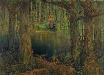 a painting of a forest scene with a lake in the foreground