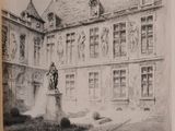 drawing of a building with a fountain in front of it