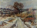 an image of a painting of a dirt road in the snow