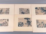 six reproductions encadrées représentant une femme avec un parapluie dans un jardin