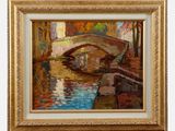 une peinture à l'huile représentant un pont au-dessus d'une rivière, dans un cadre doré