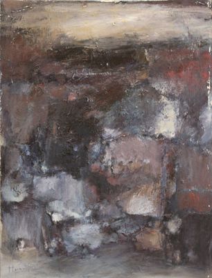 an oil painting of a man standing in front of a brick wall