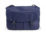 a blue leather messenger bag with two buckles on the front