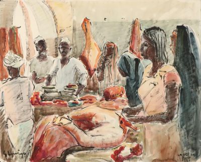une peinture représentant un groupe de personnes assises autour d'une table