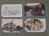 several old black and white photos of a group of people in front of a building