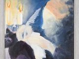 a painting of a cat sitting in front of a lit candle