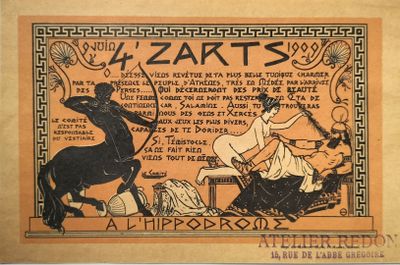 une vieille affiche représentant un homme à cheval et une femme à cheval