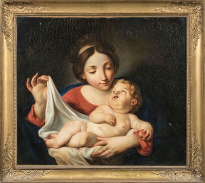 une peinture représentant une femme tenant un bébé dans ses bras