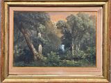une peinture à l'huile représentant un paysage boisé avec des arbres et un homme au loin