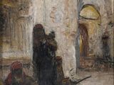 une image représentant un tableau où l'on voit un homme et une femme dans une cour