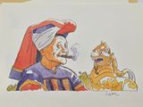 a drawing of a man smoking a cigarette next to a cat