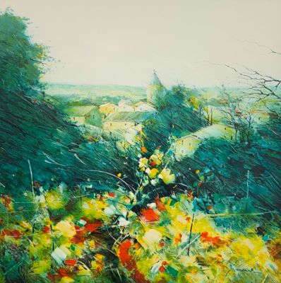 une peinture à l'huile représentant un champ avec des fleurs et des arbres en arrière-plan