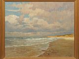 an image of a painting of a beach scene with waves coming in