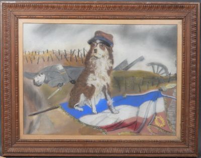 un tableau représentant un chien assis sur une couverture