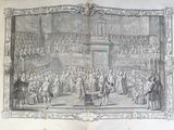 an old drawing of a large crowd of people in a large room