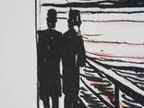 painting of two people walking on a pier with a sunset in the background