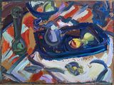 a painting of a tray of fruit on a table