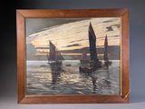 an oil painting of sailboats on the water at sunset