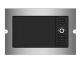 stainless steel microwave oven with electronic controls on a white background