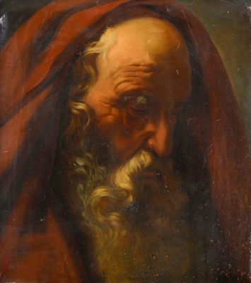 un tableau représentant un vieil homme à la longue barbe, vêtu d'une cape rouge
