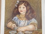 un tableau représentant une petite fille assise à une table avec des tasses à thé