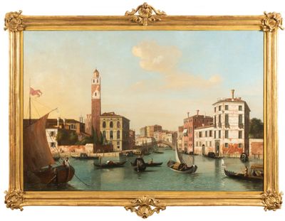 painting of a view of venice with gondola boats and a clock tower