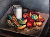 une peinture représentant une assiette de fruits posée sur une table