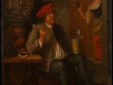 an old painting of a man sitting at a table reading a book