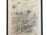 a black and white drawing of a boat in a body of water
