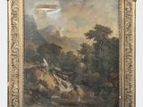une peinture à l'huile représentant un paysage avec une rivière au premier plan et un oiseau qui vole au-dessus